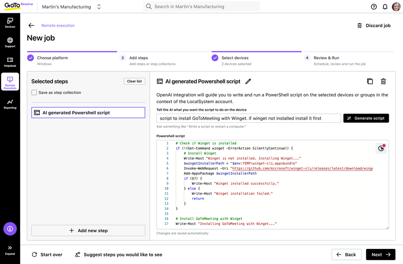 Screenshot of LogMeIn Resolve’s AI-powered script generator: Execute remote commands using simple, natural language instructions.