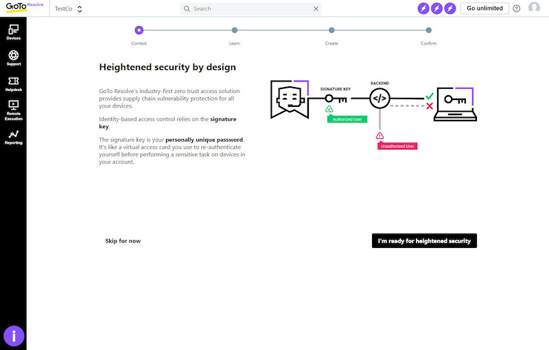 GoTo-Resolve for MSPs user interface screenshot of zero trust security key setup for true peace of mind in RMM security.